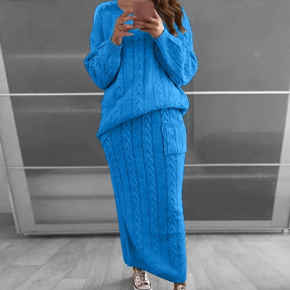 Frostluinai 2 Piece Chunky Sweaters for Women Plus Size Cable Knit Sweater Sets Long Sleeve Pullover Long Sweater Skirts Lounge Sets with Pocket