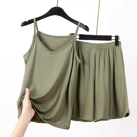 Frostluinai 2 Piece Pajama Set for Women V Neck Spaghetti Strap Camisoles Loose Fit Wide Leg Shorts Solid Loungewear Plus Size Soft Sleepwear