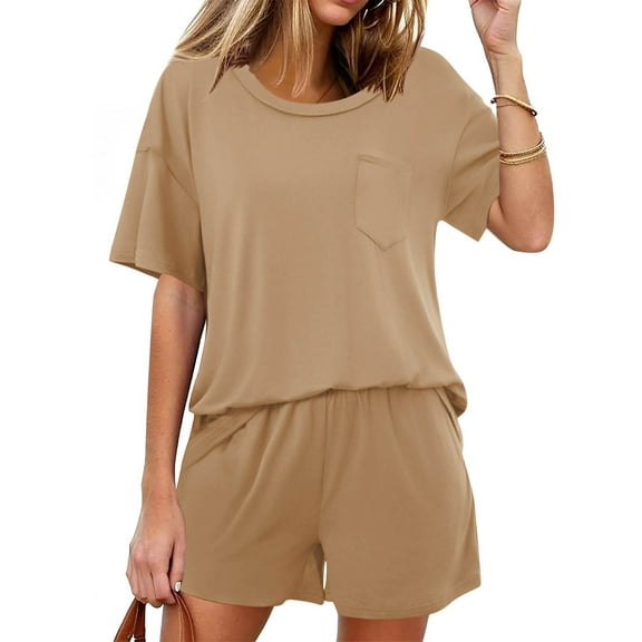 Frostluinai 2 Piece Sets for Women Summer Short Sleeve Crewneck Tops Wide Leg Shorts Basic Solid Loungewear Sets Loose Fit Sweatsuits with Pocket
