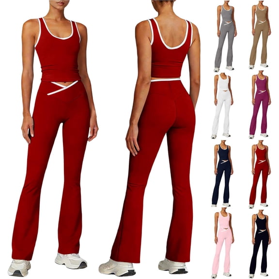 Frostluinai 2 Piece Workout Sets for Women High Waist Yoga Flare Legging with Color Block Sport Tank Tops for Athletic Gym Outfits Red L