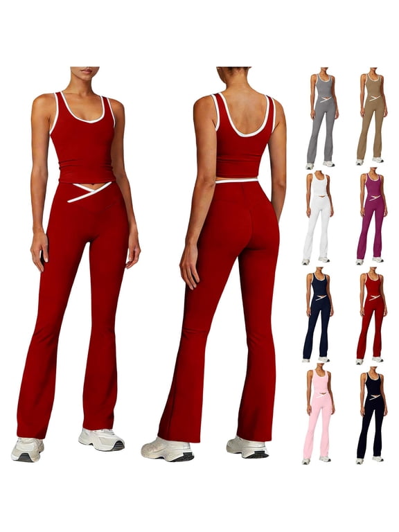 2 Piece Workout Sets for Women High Waist Yoga Flare Legging with Color Block Sport Tank Tops for Athletic Gym Outfits Red XXL