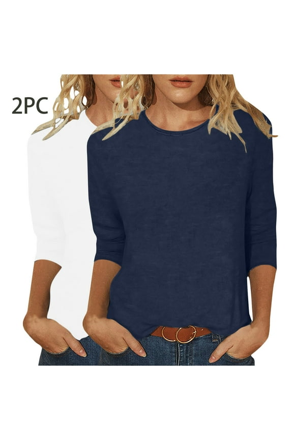 2PC Women's Tops 3/4 Sleeve Crew Neck Shirts Basic Solid Color Lounge T Shirts Comzy Dressy Work Blouses Gifts Gifts for Women
