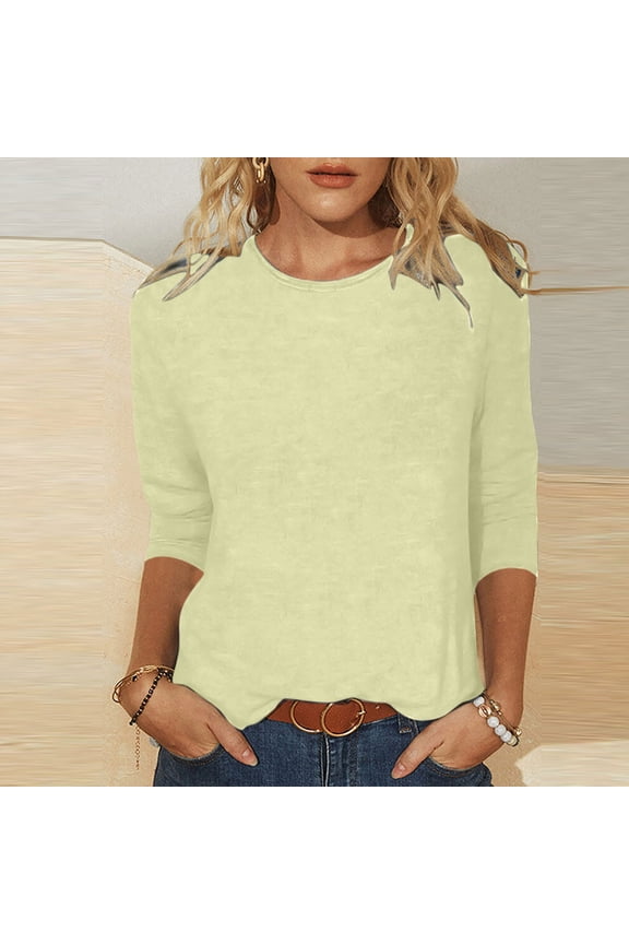 3/4 Length Sleeve Womens Tops Crew Neck Loose Fit Shirts Basic Solid T Shirts Casual Workout Blouses Comfy Going Out Tees