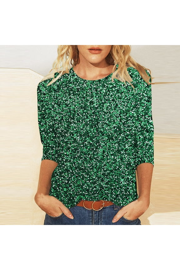 3/4 Length Sleeve Womens Tops Crew Neck St Patty Day Shirts Sparkly Sequined Print T Shirts Holiday Lounge Blouses Gifts for Women