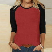 FROSTLUINAI 3/4 Length Sleeve Womens Tops Raglan Crew Neck Casual Shirts Fashion Color Block T Shirts Loose Fit Fall Pullover Blouses