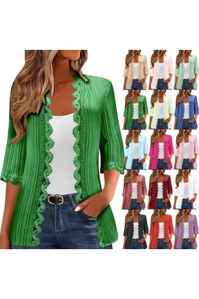 3/4 Sleeve Cardigans for Women Open Front Lace Trim Lightweight Cardigans Solid Casual Loose Textured Sweater Cardigans