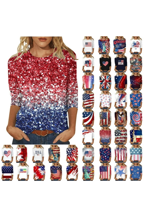 3/4 Sleeve Patriotic T Shirts for Women Crew Neck USA Flag Shirts Funny Holiday Graphic Tees Plus Size Lightweight Shirts