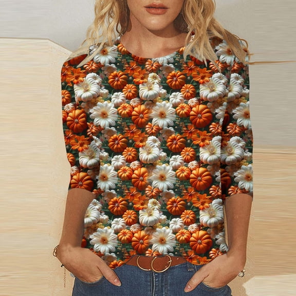 Frostluinai 3/4 Sleeve Tops for Women Crew Neck Casual Shirts Fashion 3D Floral Graphic T Shirts Thankful Grateful Blessed Shirt Blouses