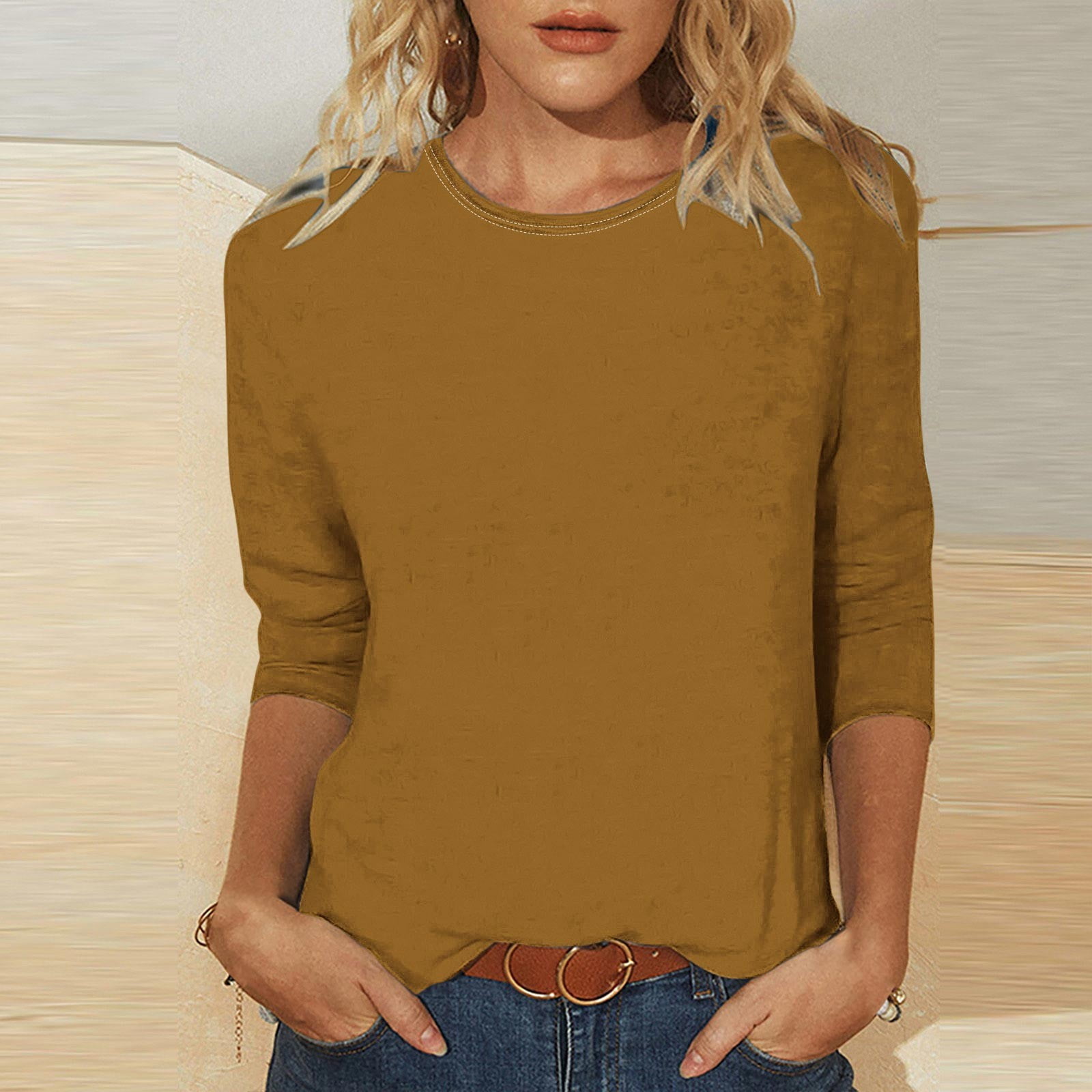 Frostluinai 3/4 Sleeve Tops for Women Crew Neck Comfy T Shirts Solid ...
