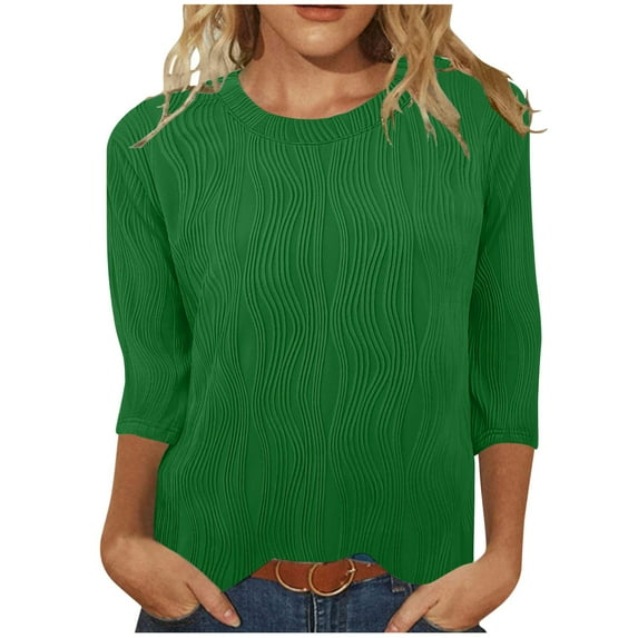 Frostluinai 3/4 Sleeve Tops for Women Crew Neck Textured T Shirts Solid Color Lounge Shirts Loose Fit Work Blouses Lightweight Spring Tees