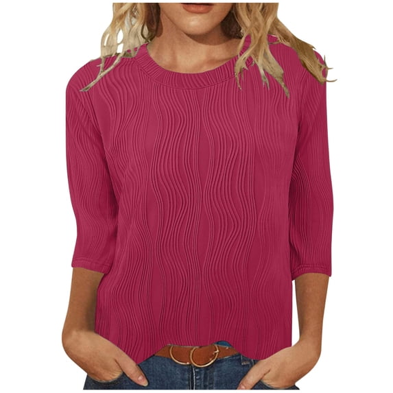 Frostluinai 3/4 Sleeve Tops for Women Crew Neck Textured T Shirts Solid Color Lounge Shirts Loose Fit Work Blouses Lightweight Spring Tees