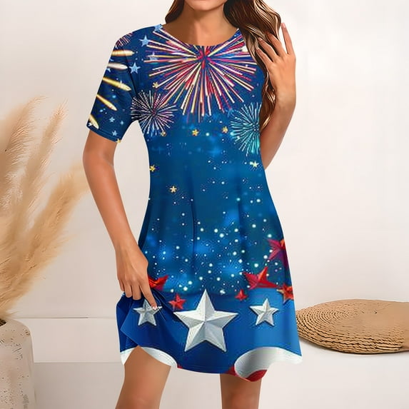 Frostluinai 4th of July Dress Women Short Sleeve Patriotic Shirt Dress Crew Neck American Flag Knee Length Dress Lightweight Sundress