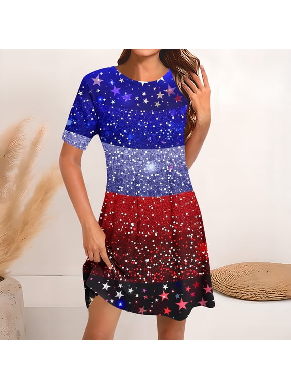 4th of July Women Dress Red White and Blue Short Sleeve T Shirt Dress Crew Neck American Flag Sundress Casual Beach Midi Dress