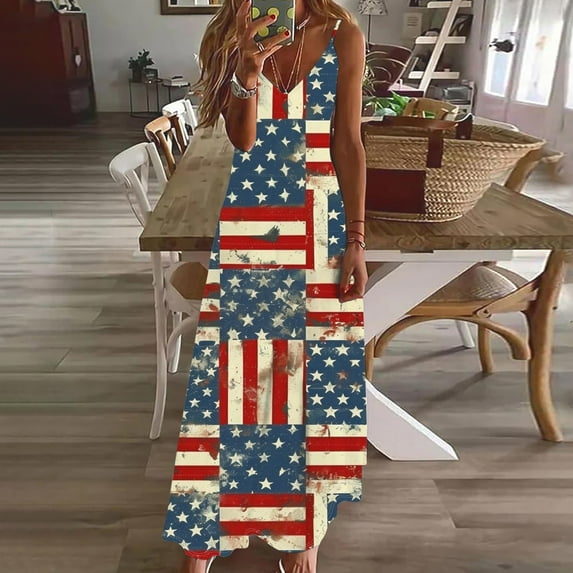 Frostluinai American Flag Dress for Women 4th of July V Neck Spaghetti Strap Tank Dress Flowy Stars Striped Maxi Dress Gifts