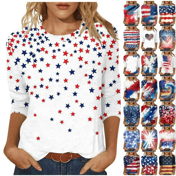 Frostluinai American Flag T Shirt Women 3/4 Sleeve Red White and Blue Tees Crwe Neck Color Block Graphic Tshirts Memorial Day Gifts