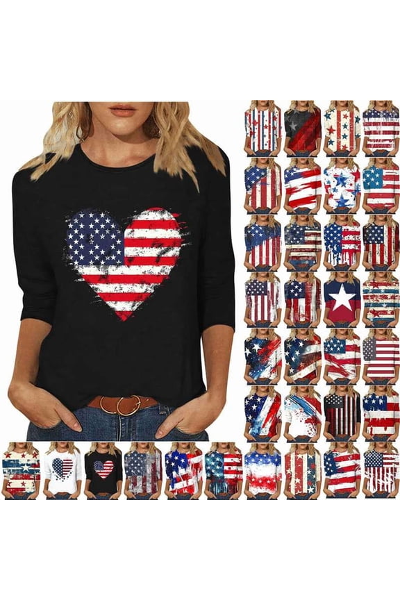 American Flag T Shirt Women 4th of July 3/4 Sleeve Tops Crew Neck USA Star Stripes Fourth July Tee Shirts Independence Day