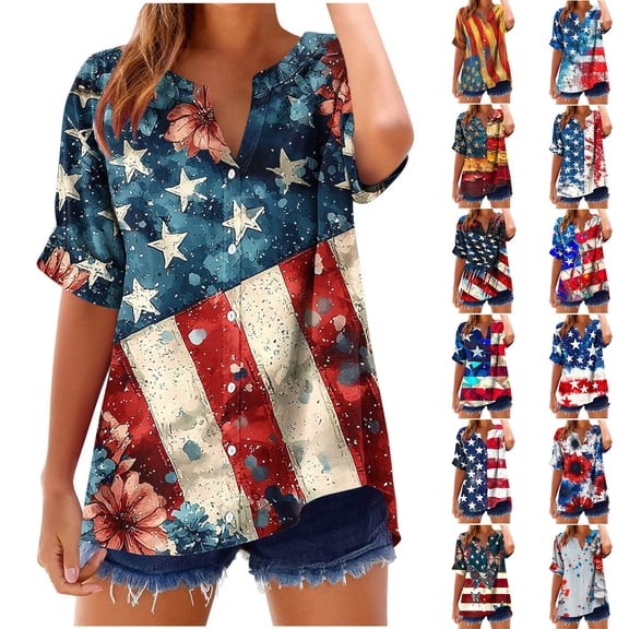 Frostluinai American Flag T Shirt Women Short Sleeve Button Down Shirts V Neck USA Flag Tshirts Distressed Holiday Party Linen T-Shirts