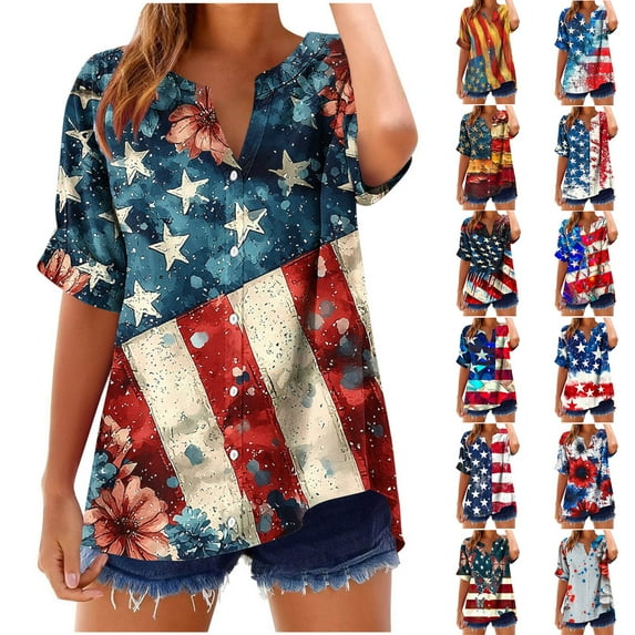 Frostluinai American Flag T Shirt Women Short Sleeve Button Down Shirts V Neck USA Flag Tshirts Distressed Holiday Party Linen T-Shirts