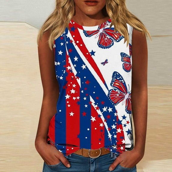 Frostluinai American Flag Tank Top Women Sleeveless Independence Day Tanks Crew Neck Red White and Blue Tee Shirts Plus Size Holiday Tanks