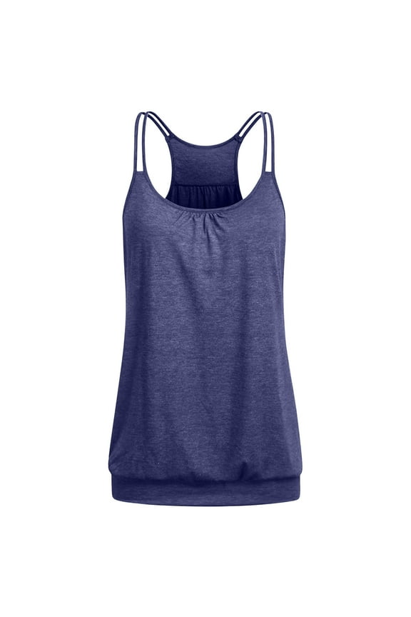 Athletic Tank Tops for Women Crew Neck Pleated Tshirts Racerback Spaghetti Strap Camisoles Solid Color Vest Shirts with Banded Bottom
