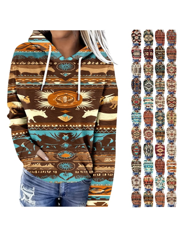Aztec Cow Westerna Hoodies for Women Vintage Ethnic Graphic Pullover Cowgirl Sweatshirts Casual Loose Hoodie with Pocket