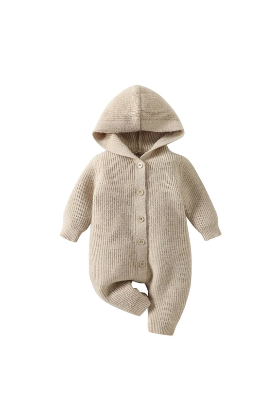 Baby Girls' Knitting Jumpsuit New Born Baby Button Down Winter Sweater Toddler Lined Onesie Pajamas Warm Hooded Romper Pram for Infant