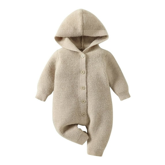 Frostluinai Baby Girls' Knitting Jumpsuit New Born Baby Button Down Winter Sweater Toddler Lined Onesie Pajamas Warm Hooded Romper Pram for Infant
