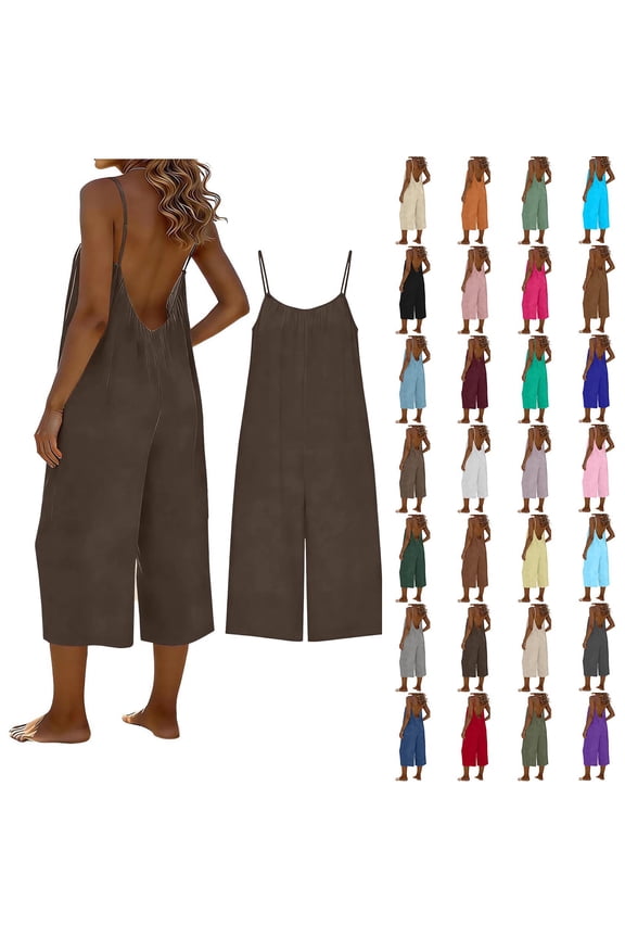 Backless Jumpsuit Capri for Women Crewneck Wide Leg Rompers Summer Baggy Beach Casual Cami Sleeveless Overalls with Pockets