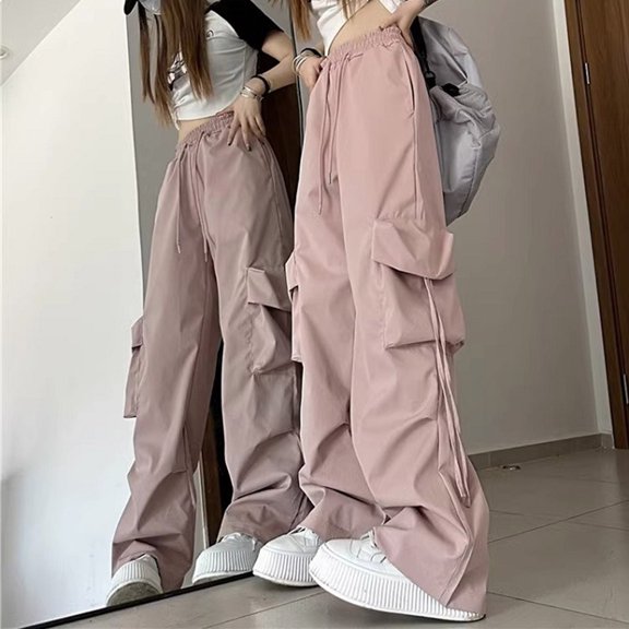 Frostluinai Baggy Cargo Pants Women High Elastic Waist Wide Leg Cargo Pants Solid Color Boyfriend Pants Casual Streetwear Trouses with Pocket
