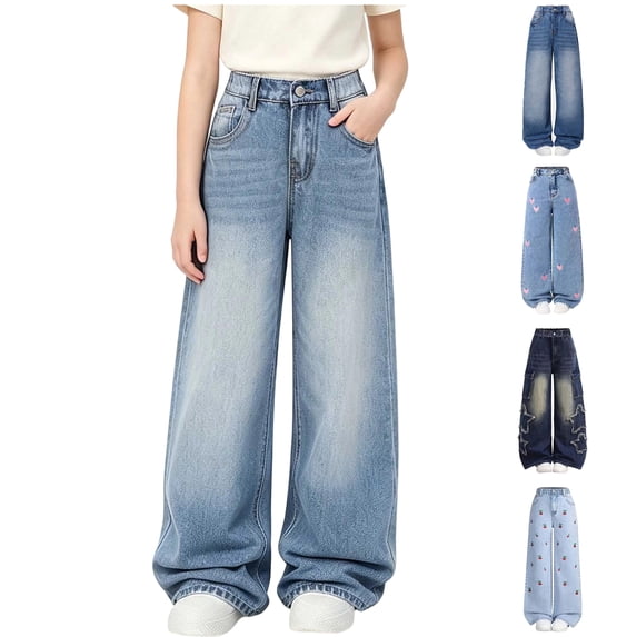 Frostluinai Baggy Jeans for Girls Distressed Wash Denim Pants Retro Streetwear Elastic Waist Wide Leg Trousers with Pocket 7-13 Years