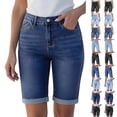 thumbnail image 1 of Frostluinai Bermuda Jean Shorts for Women Knee Length High Waisted Trendy Cuffed Hem Long Stretchy Denim Shorts Summer Jorts with Pocket, 1 of 10