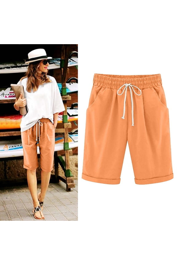 Bermuda Shorts for Women Plus Size Workout Shorts Elastic Waist Knee Length Running Casual Cotton Linen Gym Shorts With Drawstring&Pockets Biker Shorts