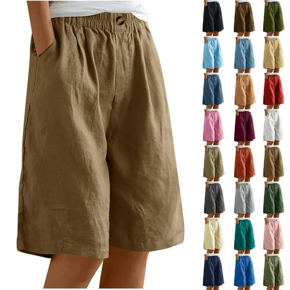 Frostluinai Bermuda Shorts for Women Elastic Waist Straight Wide Leg Shorts Solid Cotton Linen Knee Length Shorts with Pockets