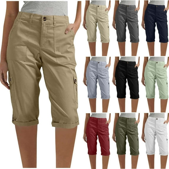 Frostluinai Bermuda Shorts for Women High Waist Pull On Chino Shorts Solid Casual Cargo Shorts Lightweight Hiking Jogger Shorts with Pocket