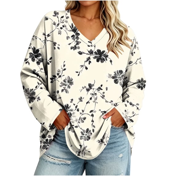 Frostluinai Boho Floral Print Womens Tops Plus Size V Neck Long Sleeve Lightweight Tshirts Vintage Graphic Tees Loose Fit Shirts L-5XL