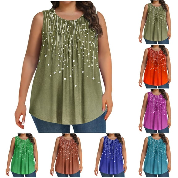 Frostluinai Boho Floral Tank Tops for Women Plus Size Sleeveless Crew Neck Loose Tanks Vintage Graphic Pleated Tunics Going Out Tanks