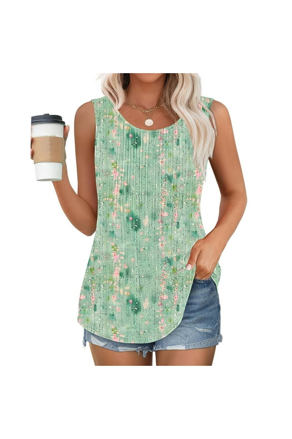 Boho Tank Tops for Women Crew Neck Pleated Tunic Tanks Sleeveless Floral Print Tanks Plus Size Summer Tanks Casual Dressy Tanks