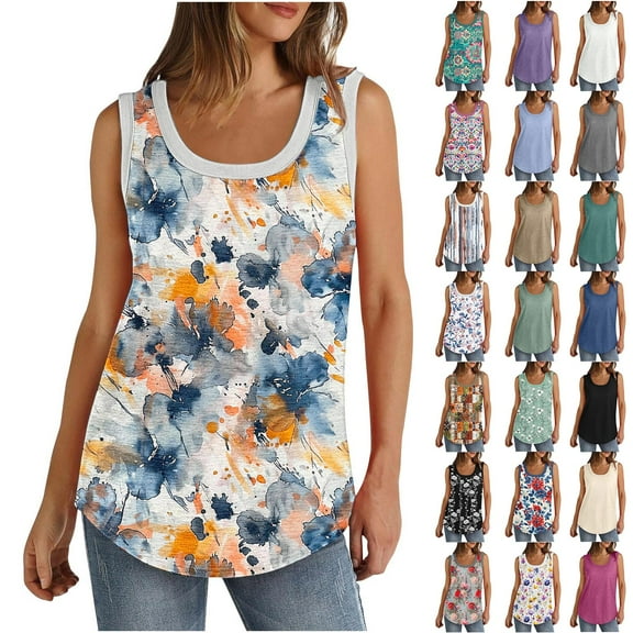 Frostluinai Boho Tank Tops for Women Sleeveless Scoop Neck Ribbed Trim Long Tanks Casual Floral Print T Shirts Plus Size Curved Hem Tanks