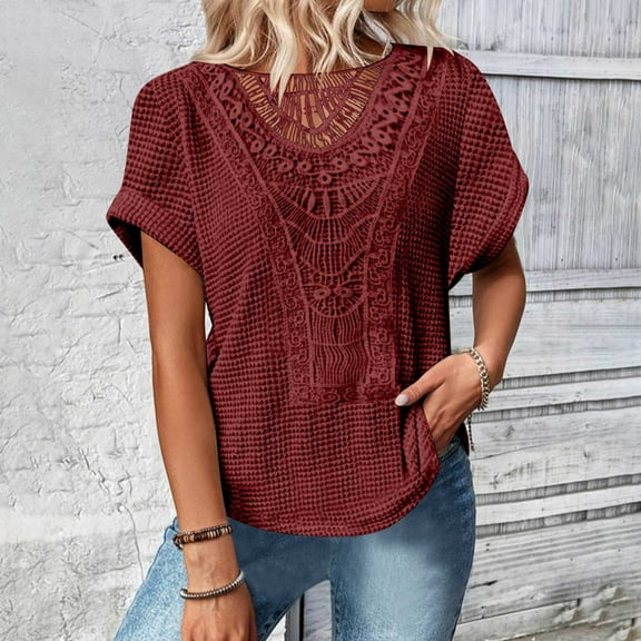Frostluinai Boho Tops for Women Lace Rolled Sleeve Tshirts Crew Neck Vintage Embroidered Shirts Solid Color Summer Blouses Loose Fit Tees