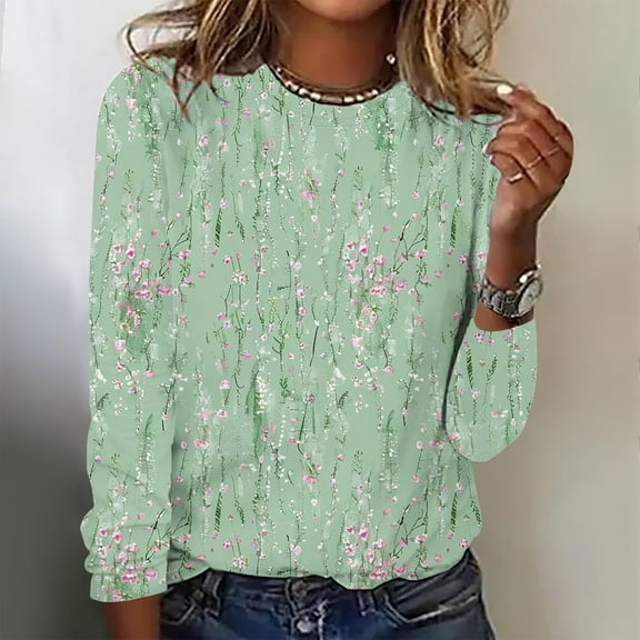 Frostluinai Boho Tops for Women Long Sleeve Floral Print Shirts Crew Neck Lounge T Shirts Trendy Going Out Blouses Fall Soft Blouses