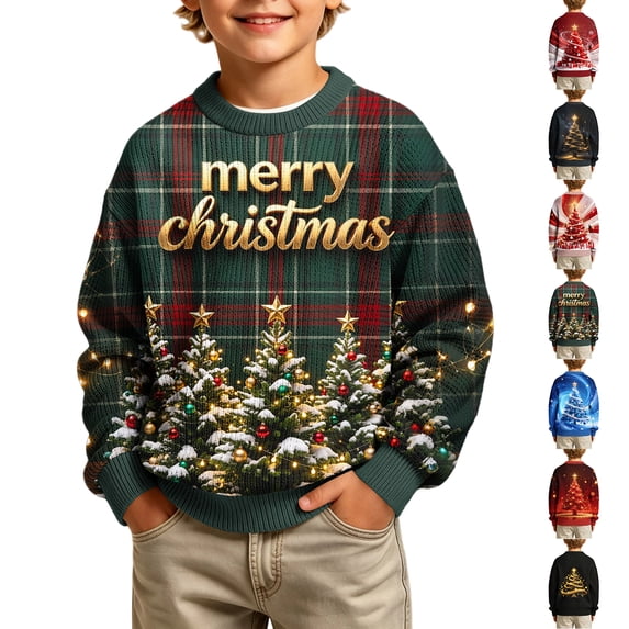 Frostluinai Boys Christmas Tree Sweaters Lightweight Xmas Party Sweater Tops Crew Neck Long Sleeve Funny Graphic Pullover 5-16 Years