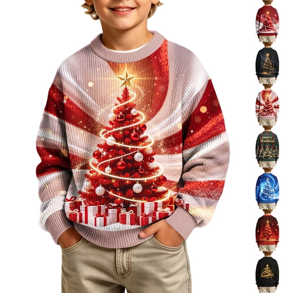 Frostluinai Boys Christmas Tree Sweaters Lightweight Xmas Party Sweater Tops Crew Neck Long Sleeve Funny Graphic Pullover 5-16 Years