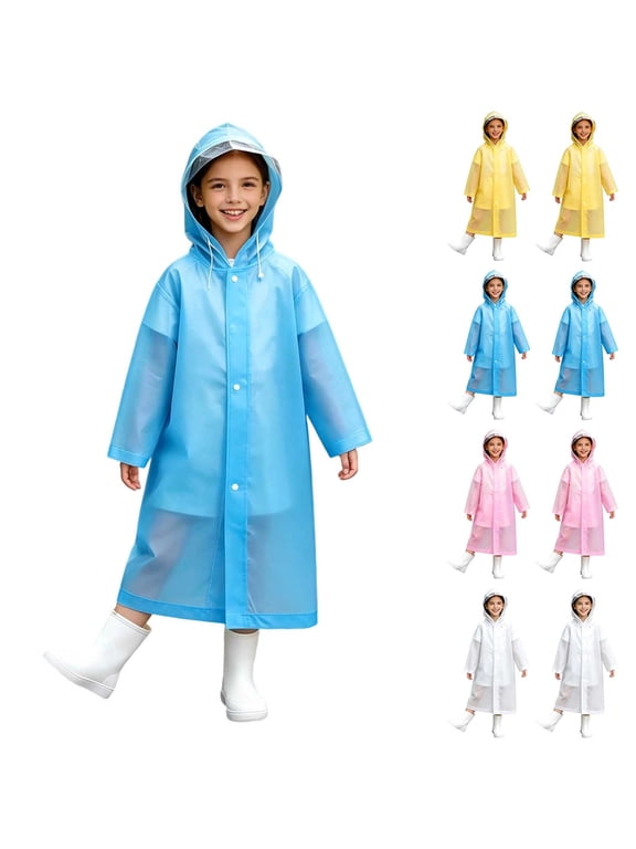Boys Girls Long Rain Coat Extra Thick Hooded Waterproof for Kids Students Loose Cuffs Portable Hiking Ages 3-14Y