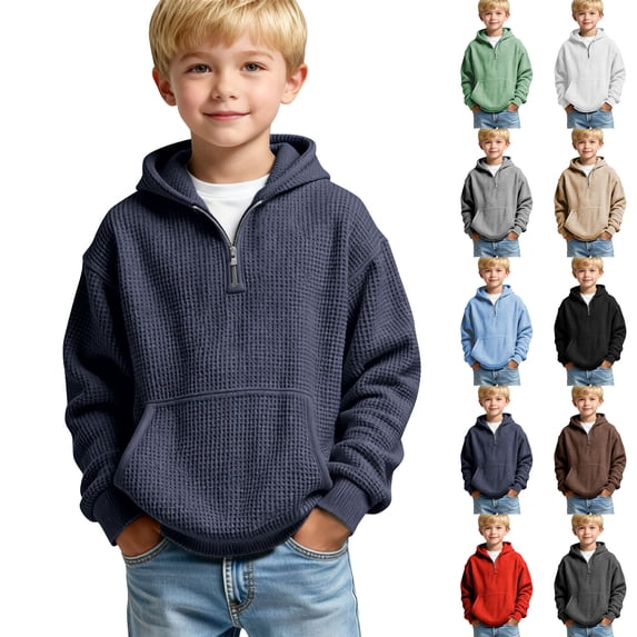 Frostluinai Boys' Hoodies Pullover Quarter Zip Casaul Long Sleeve Waffle Knit Hooded Sweatshirt Solid Hoodie with Pockets 4-14 Years