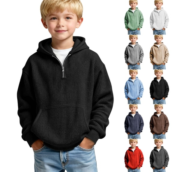 Frostluinai Boys' Hoodies Pullover Quarter Zip Casaul Long Sleeve Waffle Knit Hooded Sweatshirt Solid Hoodie with Pockets 4-14 Years