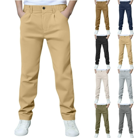Frostluinai Boys' Stretch School Jogger Pants Pull-On Twill Uniform Pants Elastic Waist Lounge Trousers with Pocket for Kids 4-14Y