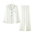 thumbnail image 1 of Frostluinai Button Down Pajamas Women Satin Pajamas 2 Piece Long Sleeve Lapel Shirts High Waist Pants Plus Size Solid Loungewear Sets with Pocket, 1 of 3