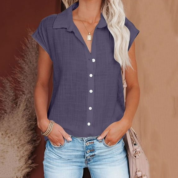 Frostluinai Button Down Shirts for Women Cotton Linen Casual Dressy Tops Cap Sleeve Lapel Collar T Shirts Solid Plus Size Blouses Gifts