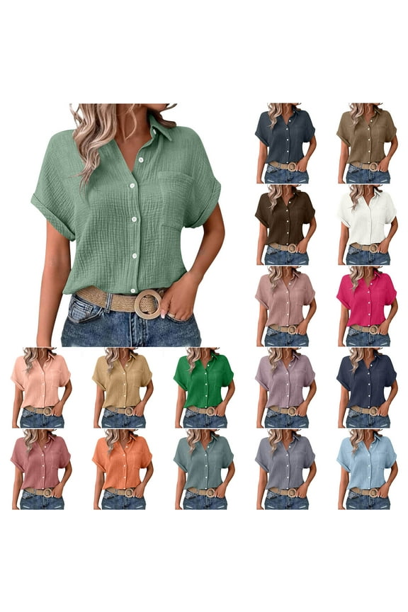 Button Down Shirts for Women Rolled Short Sleeve Lapel Collar Tshirts Basic Solid Casual Dressy Blouses with Pockets
