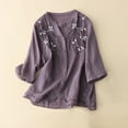 thumbnail image 1 of Frostluinai Button Down Tops for Women Cotton Linen Vintage Embroidery T Shirts Casual 3/4 Sleeve Shirts Fashion Side Split Tees, 1 of 8